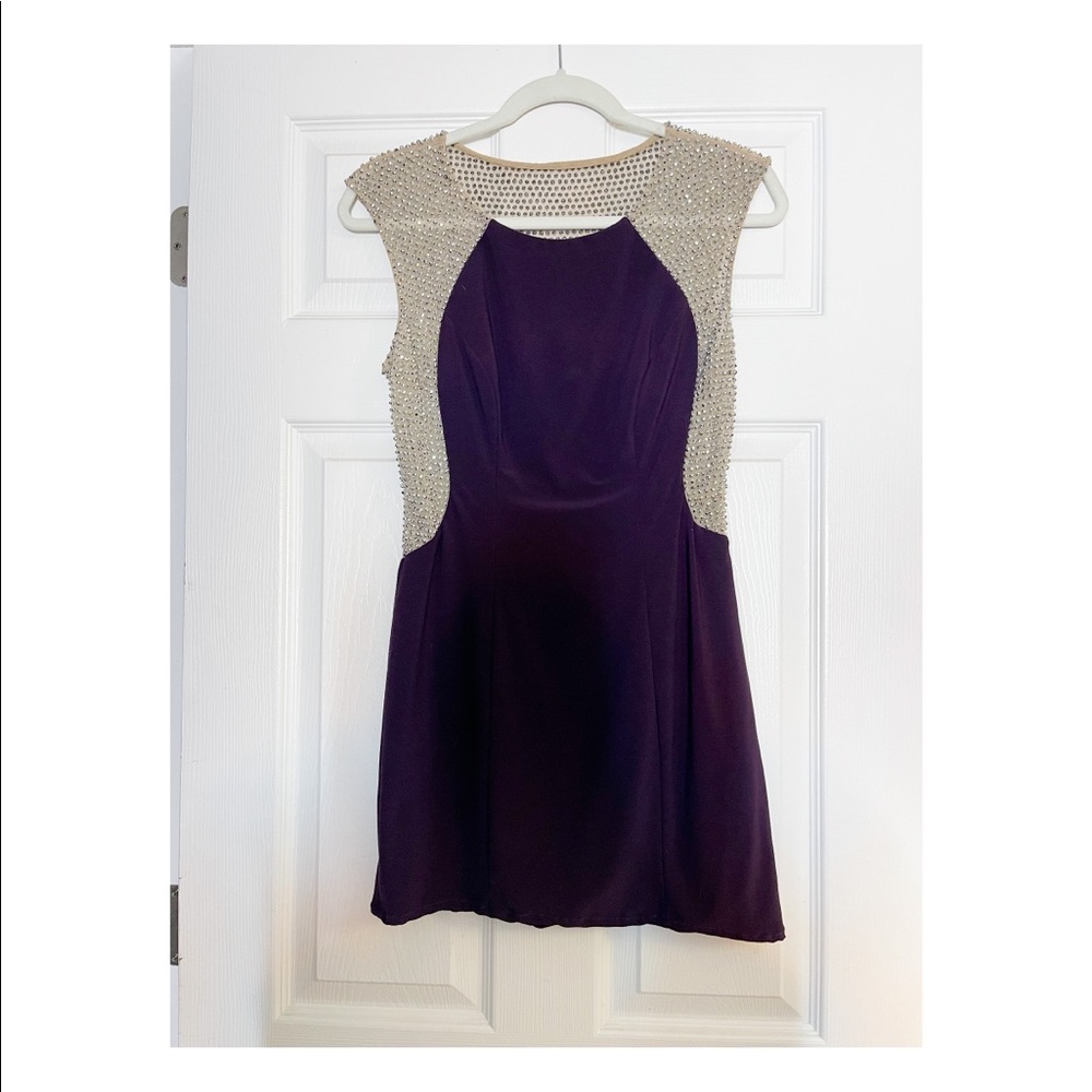 XSCAPE: size 4. Sparkly plum dress. Worn twice. Hemmed.
